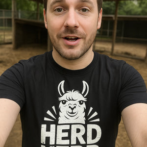 "Herd Nerd" black llama t shirt, photographed as llama lover gift