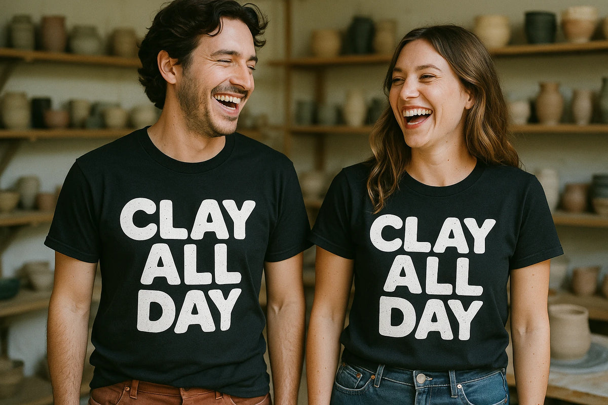Person wearing the black sculpting t shirt graphic tee - "Clay All Day" design