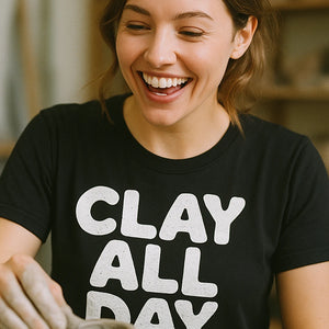 "Clay All Day" black sculpting t shirt, photographed as sculpting lover gift