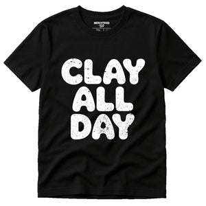 Black Sculpting T Shirt - "Clay All Day" graphic tee with white print, flat lay product photo