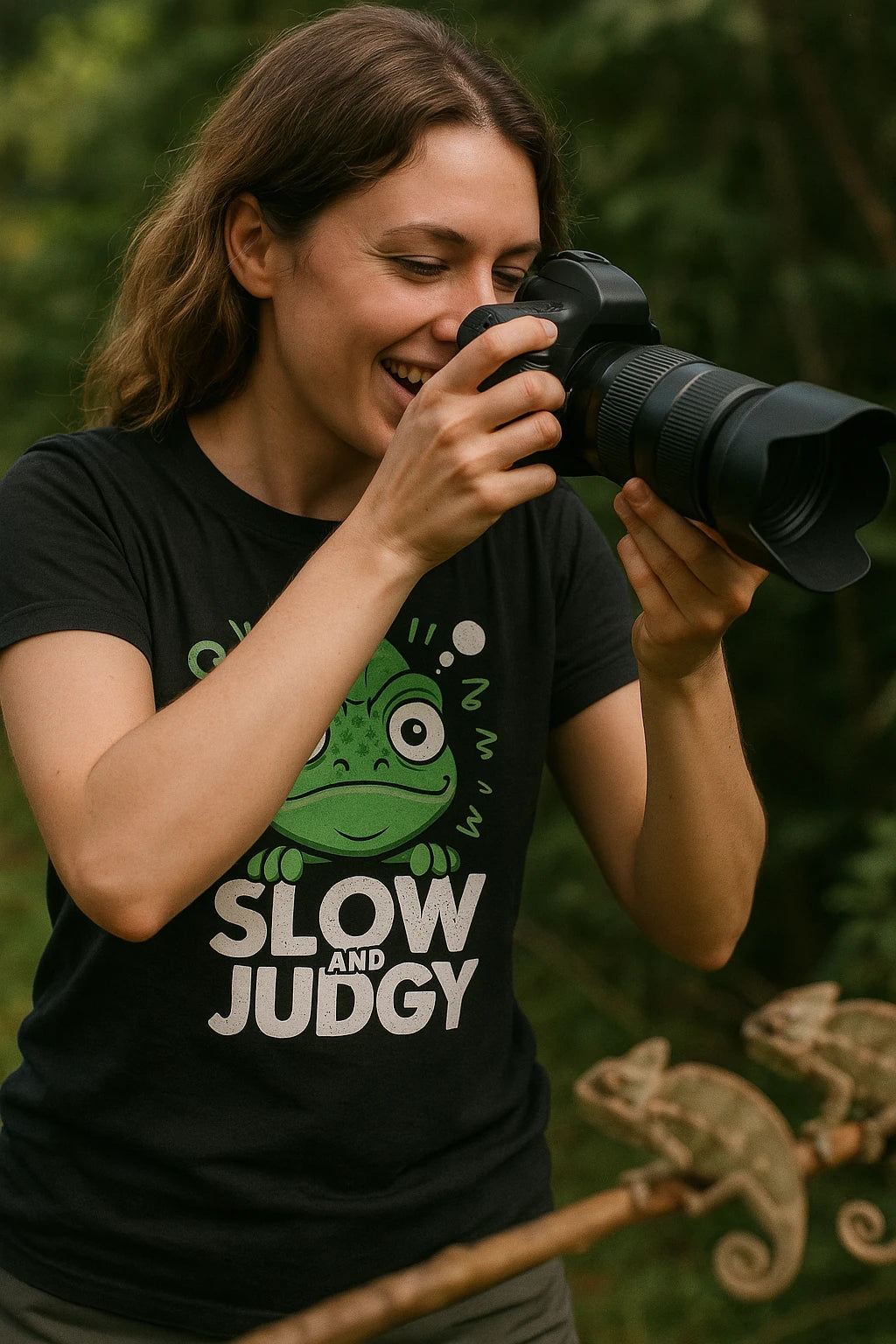 "Slow and Judgy" black chameleon t shirt, photographed as gifts for chameleon lovers