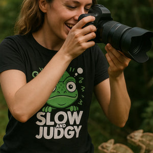 "Slow and Judgy" black chameleon t shirt, photographed as gifts for chameleon lovers