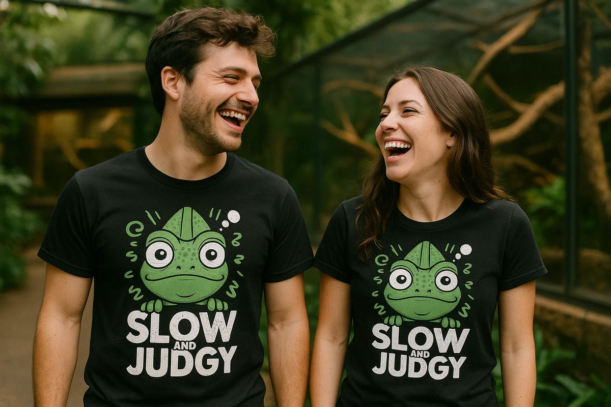 Person wearing the black chameleon t shirt graphic tee - "Slow and Judgy" design