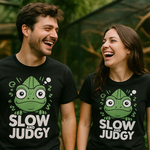 Person wearing the black chameleon t shirt graphic tee - "Slow and Judgy" design