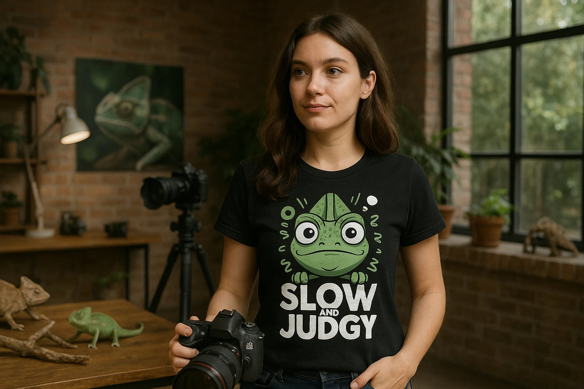 Lifestyle shot of the "Slow and Judgy" black chameleon t shirt in a real-world setting