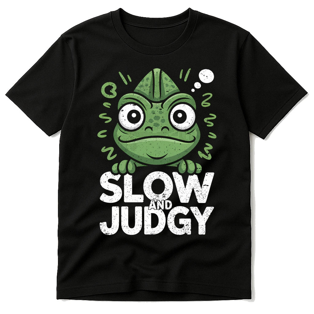Black Chameleon T Shirt - "Slow and Judgy" graphic tee with gray print, flat lay product photo