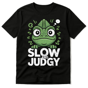 Black Chameleon T Shirt - "Slow and Judgy" graphic tee with gray print, flat lay product photo