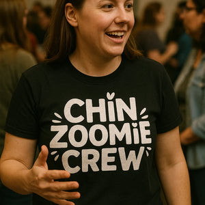 "Chin Zoomie Crew" black t shirt chinchilla, photographed as gifts for chinchilla lovers