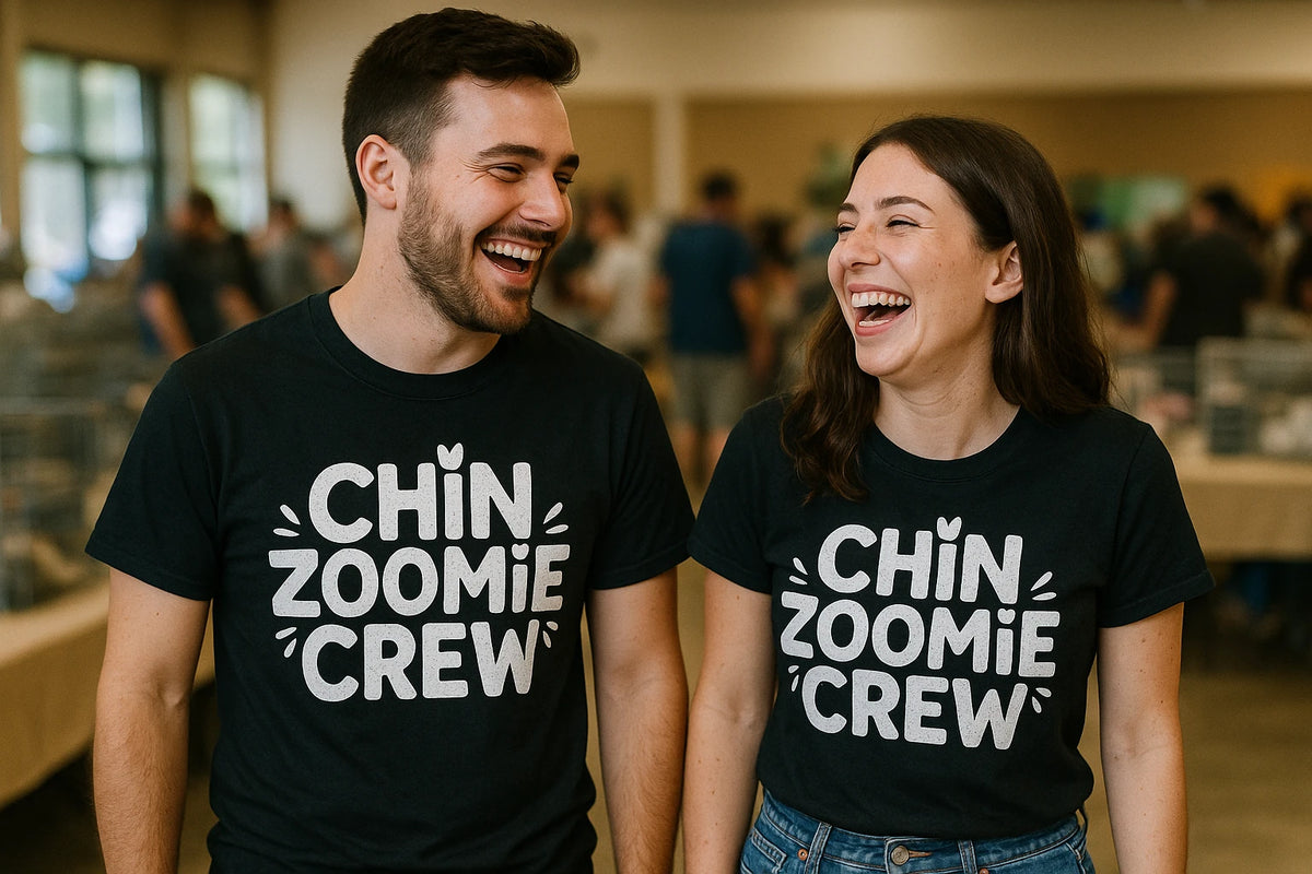 Person wearing the black t shirt chinchilla graphic tee - "Chin Zoomie Crew" design