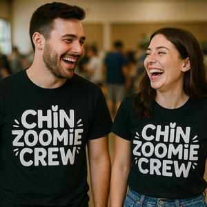 Person wearing the black t shirt chinchilla graphic tee - "Chin Zoomie Crew" design