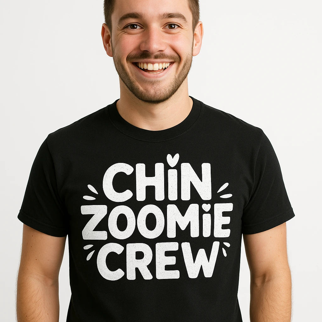 Close-up of the "Chin Zoomie Crew" white print on a premium Bella+Canvas black t shirt chinchilla