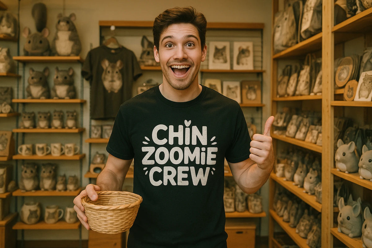 Lifestyle shot of the "Chin Zoomie Crew" black t shirt chinchilla in a real-world setting