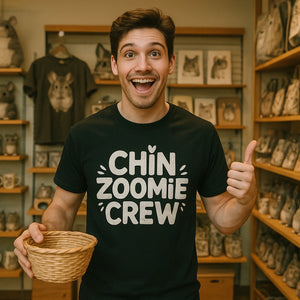 Lifestyle shot of the "Chin Zoomie Crew" black t shirt chinchilla in a real-world setting