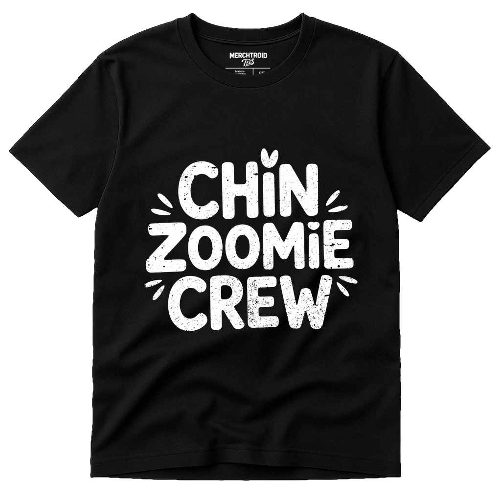 Black T Shirt Chinchilla - "Chin Zoomie Crew" graphic tee with white print, flat lay product photo