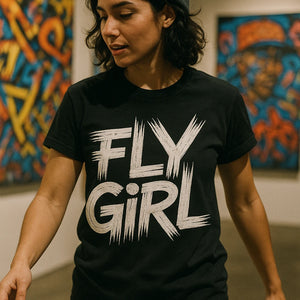 "Fly Girl" black hip hop t shirt, photographed as gift for hip hop lover