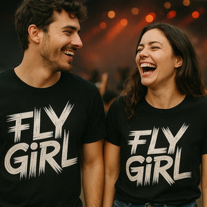 Person wearing the black hip hop t shirt graphic tee - "Fly Girl" design