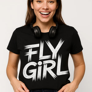 Close-up of the "Fly Girl" white print on a premium Bella+Canvas black hip hop t shirt