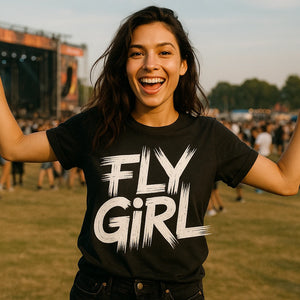 Lifestyle shot of the "Fly Girl" black hip hop t shirt in a real-world setting