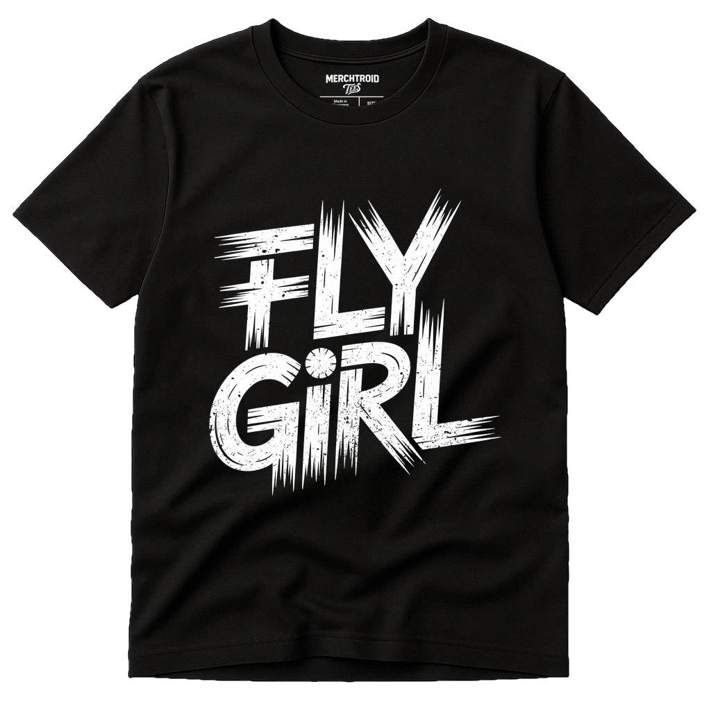 Black Hip Hop T Shirt - "Fly Girl" graphic tee with white print, flat lay product photo