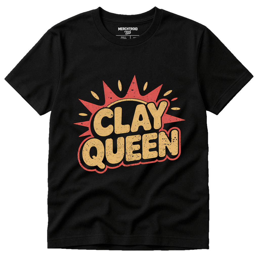 Black Sculpting Shirts - "Clay Queen" graphic tee with tan print, flat lay product photo