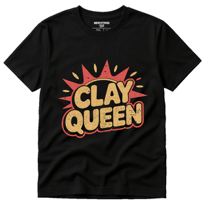 Black Sculpting Shirts - "Clay Queen" graphic tee with tan print, flat lay product photo