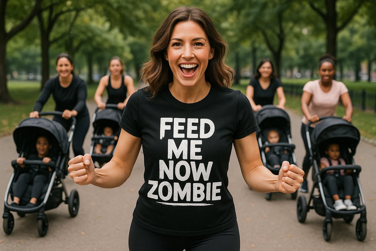Lifestyle shot of the "Feed Me Now Zombie" black new parents shirts in a real-world setting