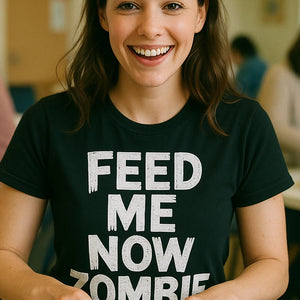 "Feed Me Now Zombie" black new parents shirts, photographed as new parents lover gift