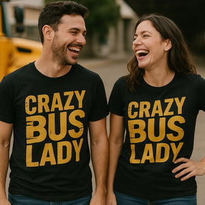 Person wearing the black truck driver t shirts graphic tee - "Crazy Bus Lady" design