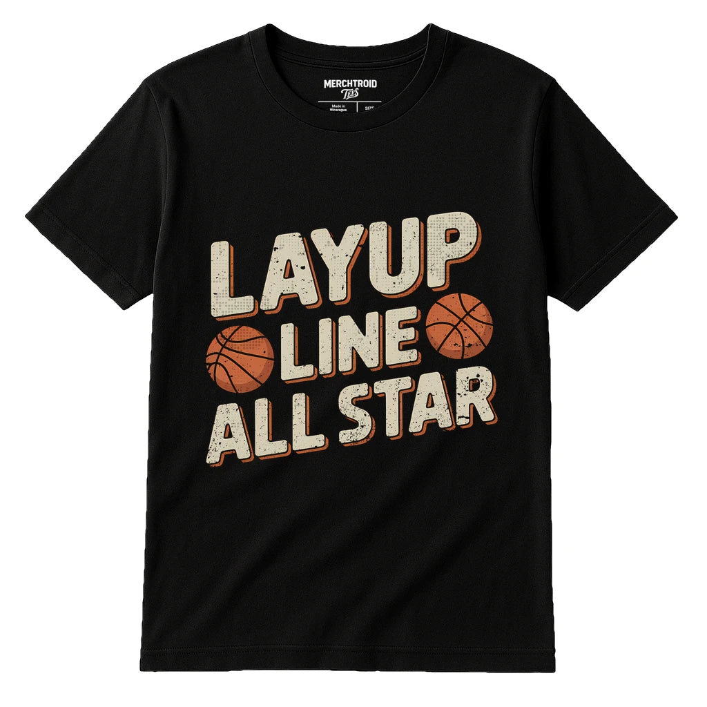 Black Basketball Graphic Tees - "Layup Line All Star" graphic tee with beige print, flat lay product photo