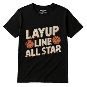 Black Basketball Graphic Tees - "Layup Line All Star" graphic tee with beige print, flat lay product photo