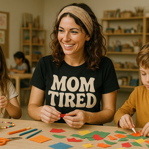 Lifestyle shot of the "Mom Tired" black cute mom life shirts in a real-world setting