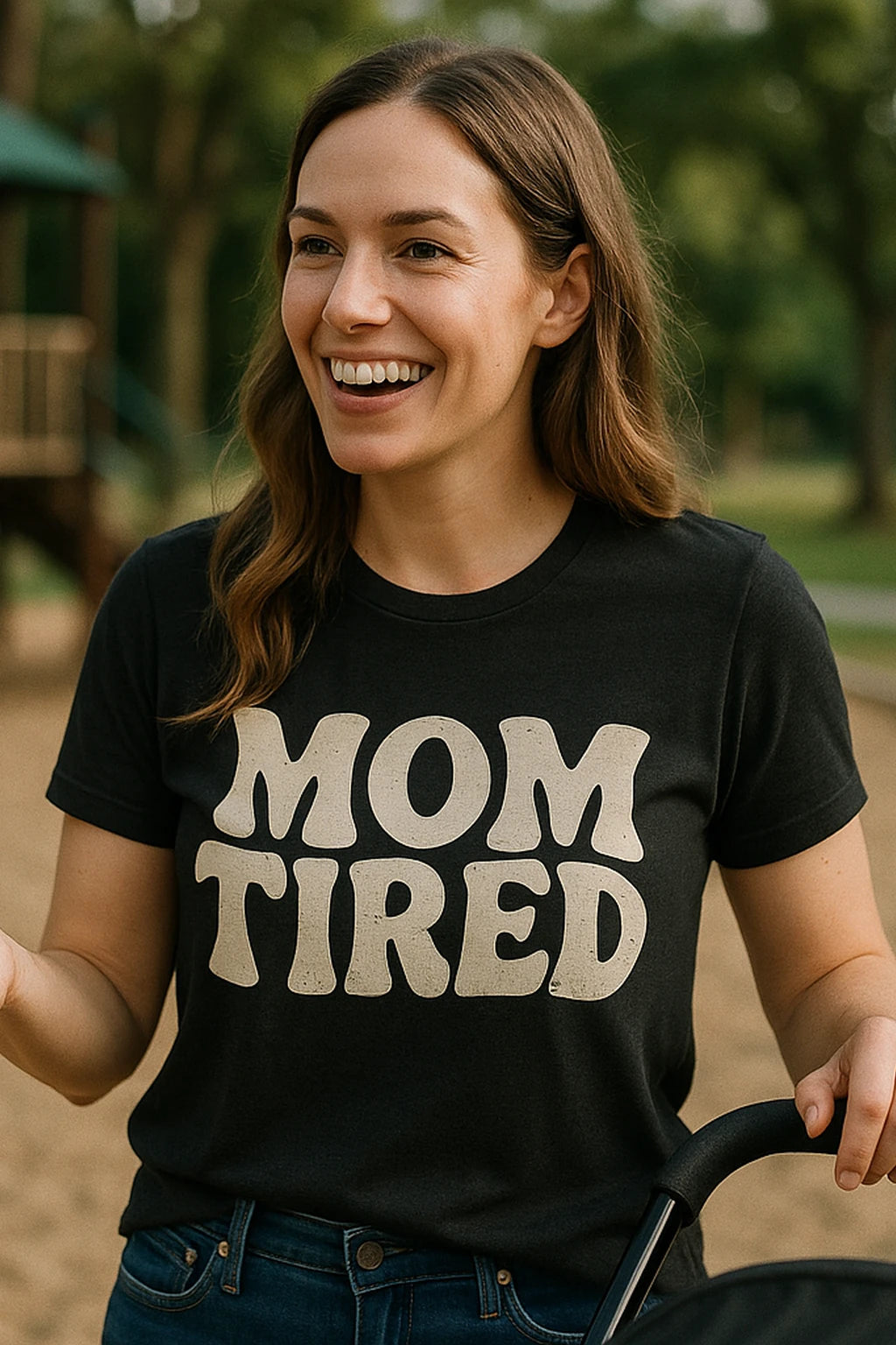 "Mom Tired" black cute mom life shirts, photographed as mom life lover gift