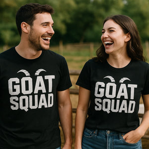 Person wearing the black goats t shirt graphic tee - "Goat Squad" design