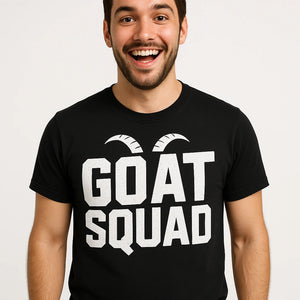Close-up of the "Goat Squad" white print on a premium Bella+Canvas black goats t shirt