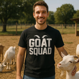 Lifestyle shot of the "Goat Squad" black goats t shirt in a real-world setting