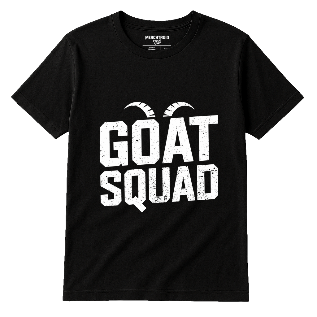 Black Goats T Shirt - "Goat Squad" graphic tee with white print, flat lay product photo