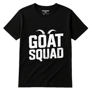 Black Goats T Shirt - "Goat Squad" graphic tee with white print, flat lay product photo