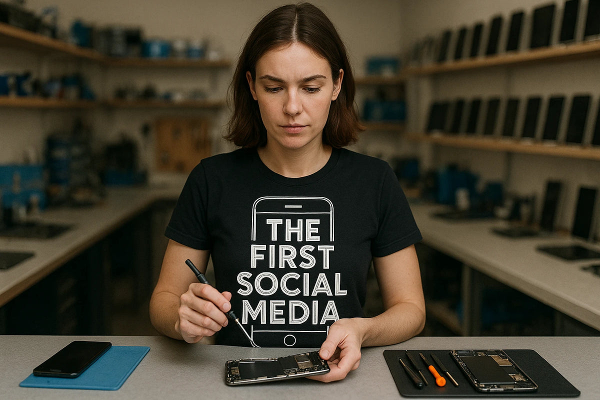 Lifestyle shot of the "The First Social Media" black smartphone t shirt in a real-world setting