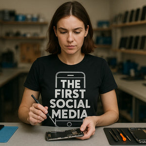 Lifestyle shot of the "The First Social Media" black smartphone t shirt in a real-world setting
