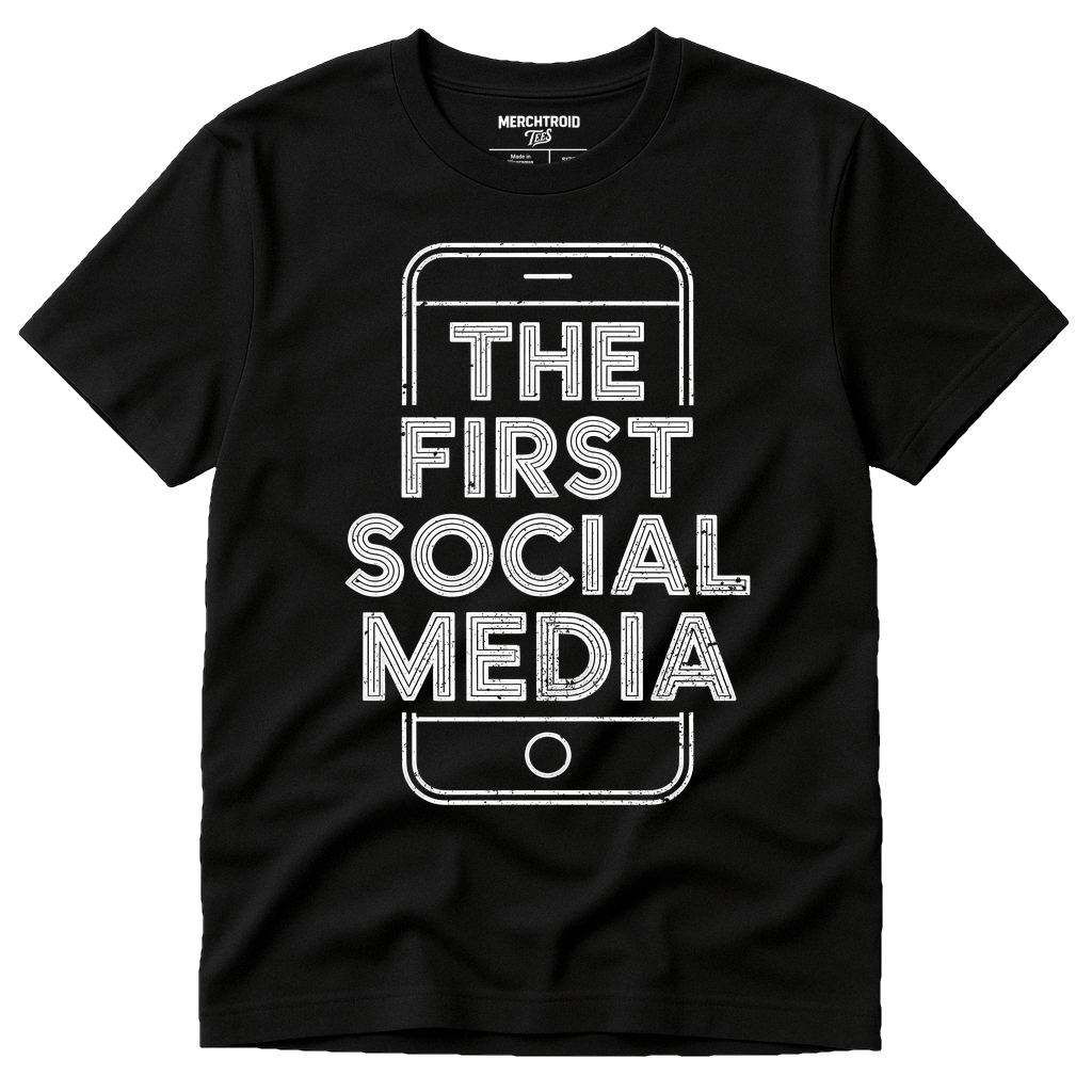 Black Smartphone T Shirt - "The First Social Media" graphic tee with white print, flat lay product photo