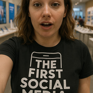 "The First Social Media" black smartphone t shirt, photographed as smartphone lover gift