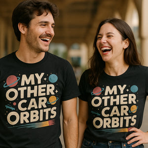 Person wearing the black space science shirts graphic tee - "My Other Car Orbits" design
