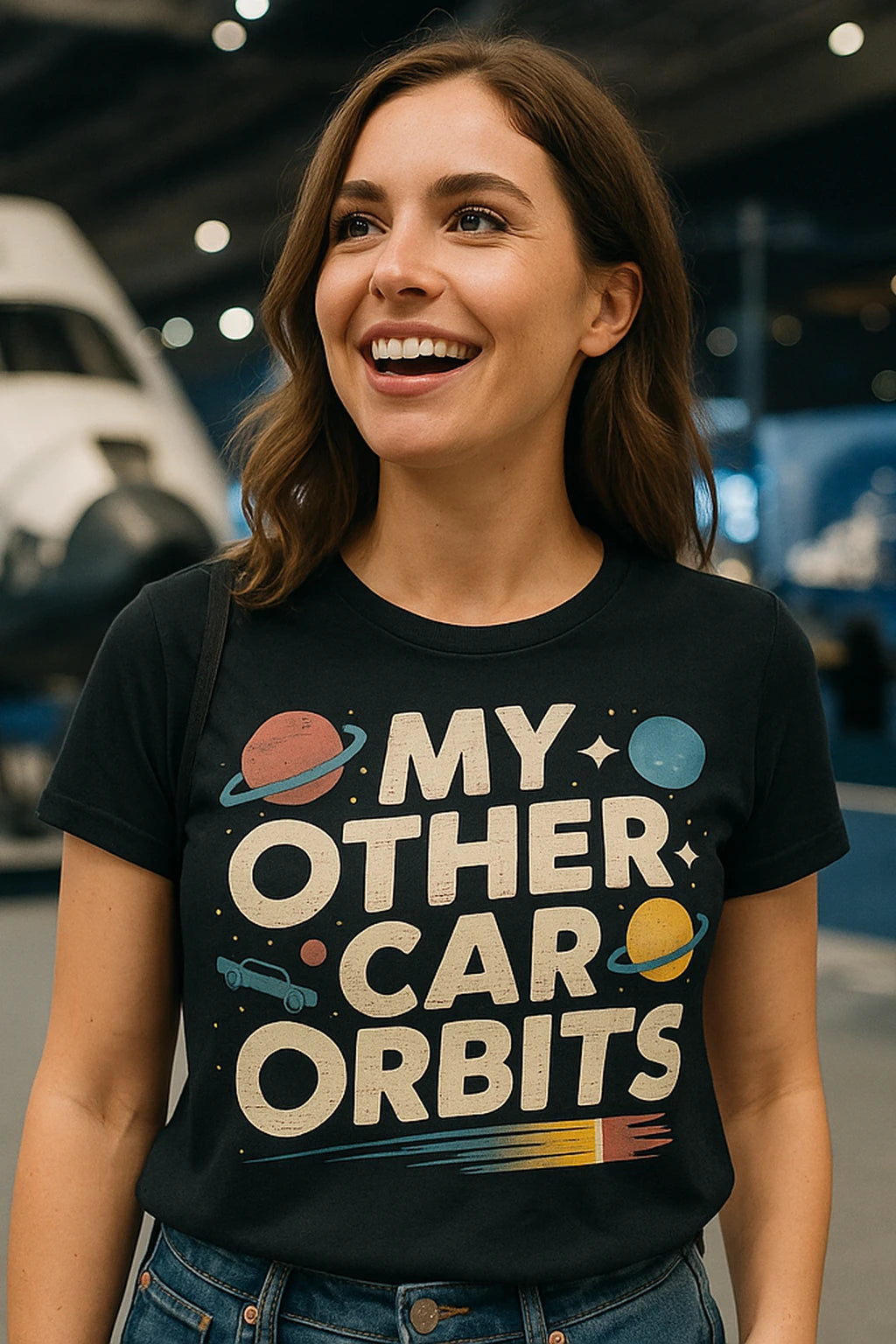 "My Other Car Orbits" black space science shirts, photographed as space science lover gift
