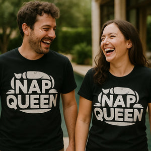 Person wearing the black oversized sleep tee graphic tee - "Nap Queen" design