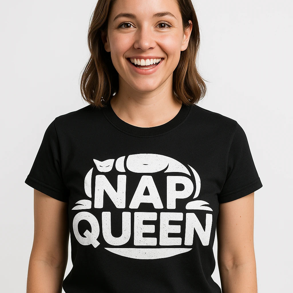Close-up of the "Nap Queen" white print on a premium Bella+Canvas black oversized sleep tee