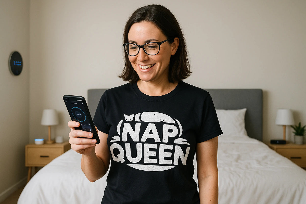 Lifestyle shot of the "Nap Queen" black oversized sleep tee in a real-world setting