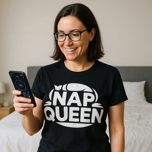 Lifestyle shot of the "Nap Queen" black oversized sleep tee in a real-world setting