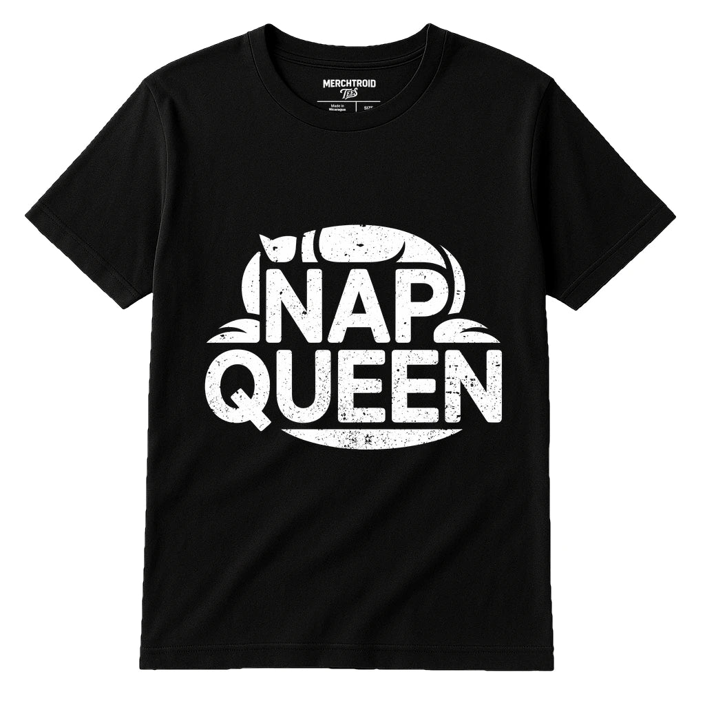 Black Oversized Sleep Tee - "Nap Queen" graphic tee with white print, flat lay product photo