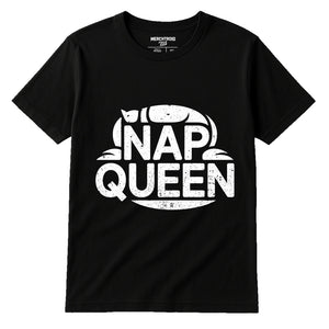 Black Oversized Sleep Tee - "Nap Queen" graphic tee with white print, flat lay product photo