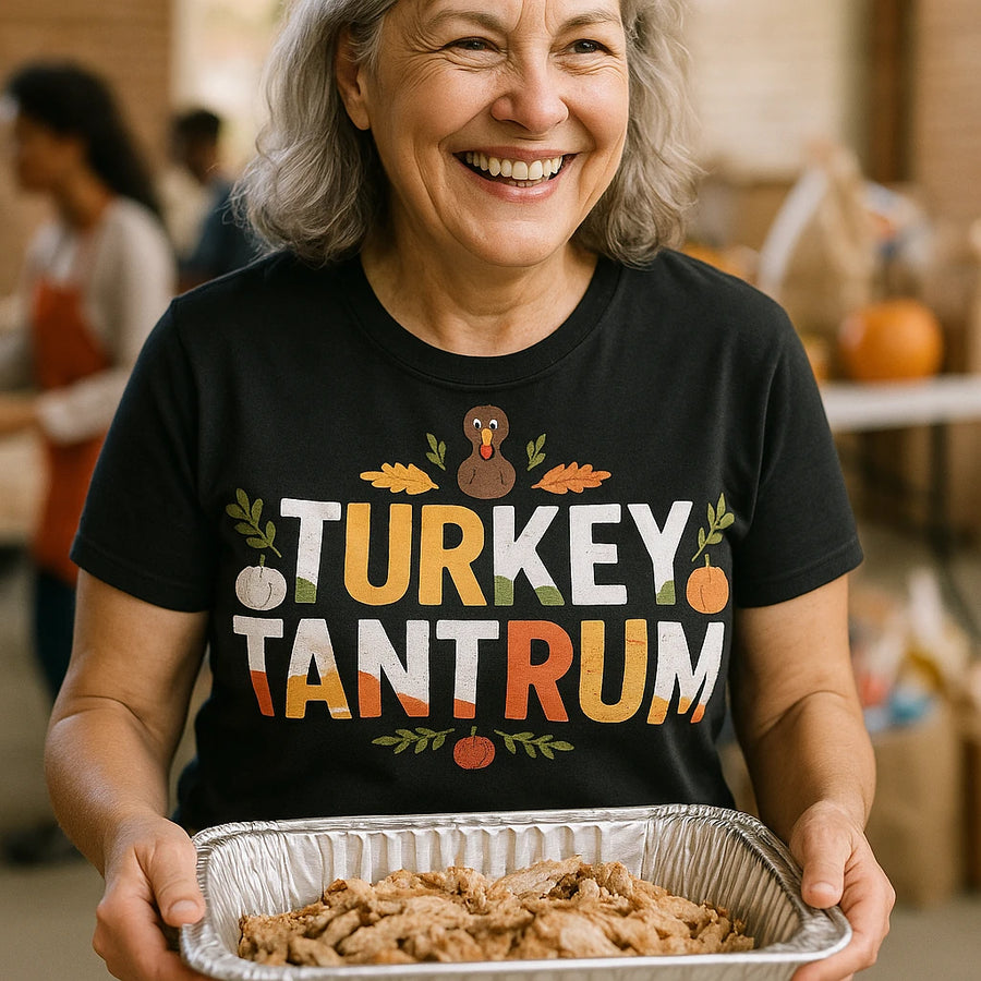 A person with gray hair is smiling while holding a tray of sliced turkey. They are wearing a black T-shirt with colorful text that reads “TURKEY TANTRUM,” and features decorative elements like a cartoon turkey and autumn leaves. The background shows a blurred setting with people and pumpkins, suggesting a festive or holiday gathering.
